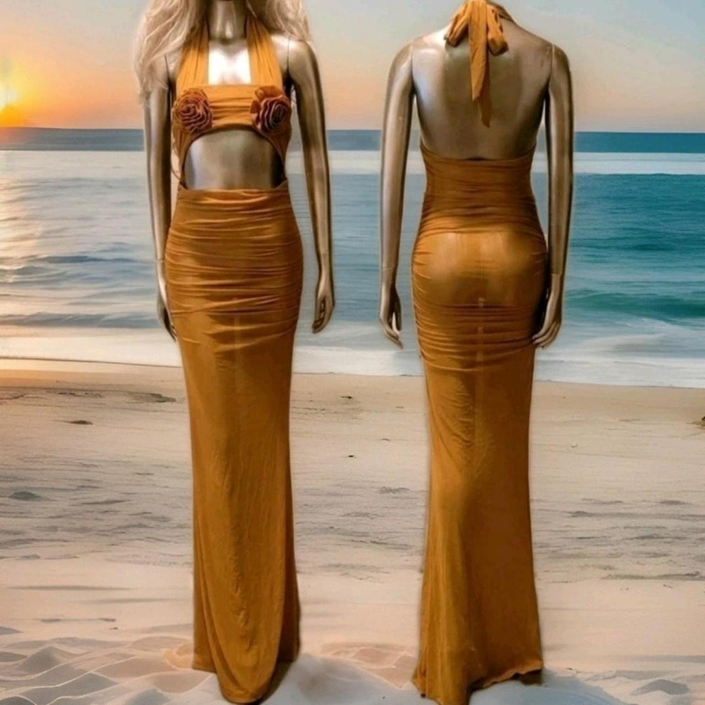 NWT Elegant Rosette Halter Neck Mesh Ibiza Festival Resort Bodycon Maxi Dress - Picture 4 of 16